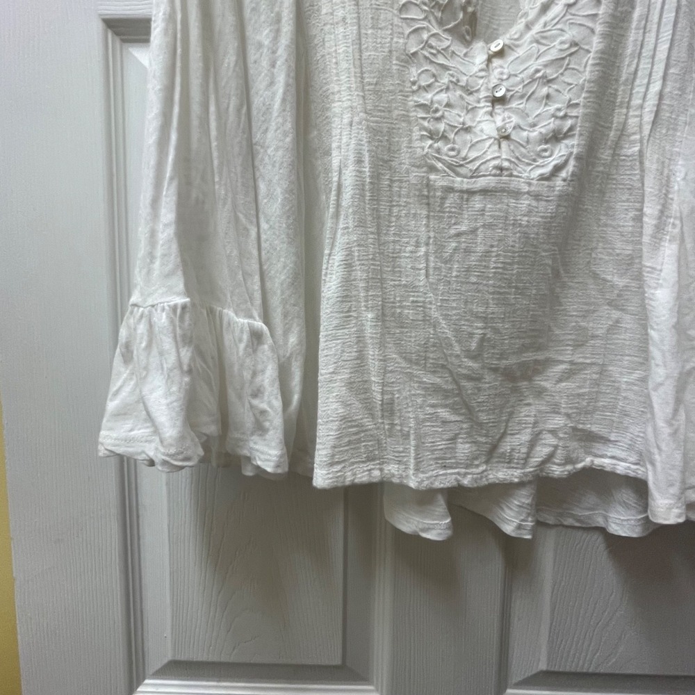 Lucky Brand Sz S White Pintuck Lace Ruffle Blouse Bell Sleeve Boho Cottagecore - Picture 5 of 15